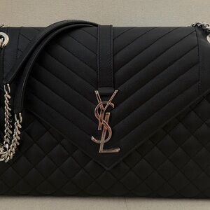 Saint Laurent Black Quilted Chevron Shoulder Bag with Silver YSL